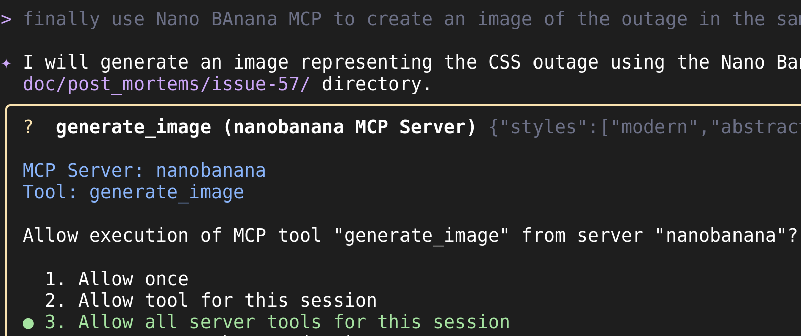 Asking GC to use NanoBanana MCP to create an image of the outage