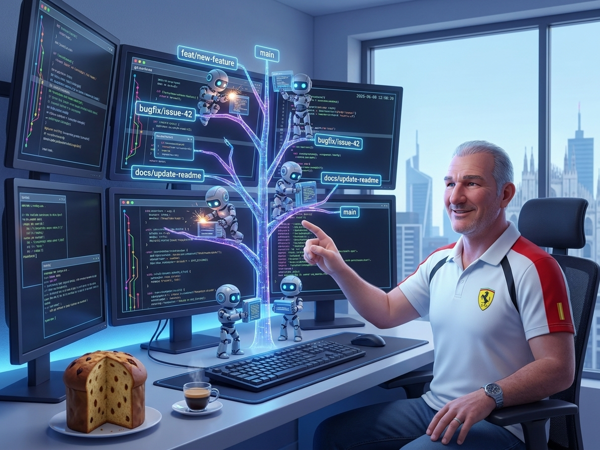 Riccardo trying to manage a number of worktree subagents without getting crazy. Oh, and eating Panettone!