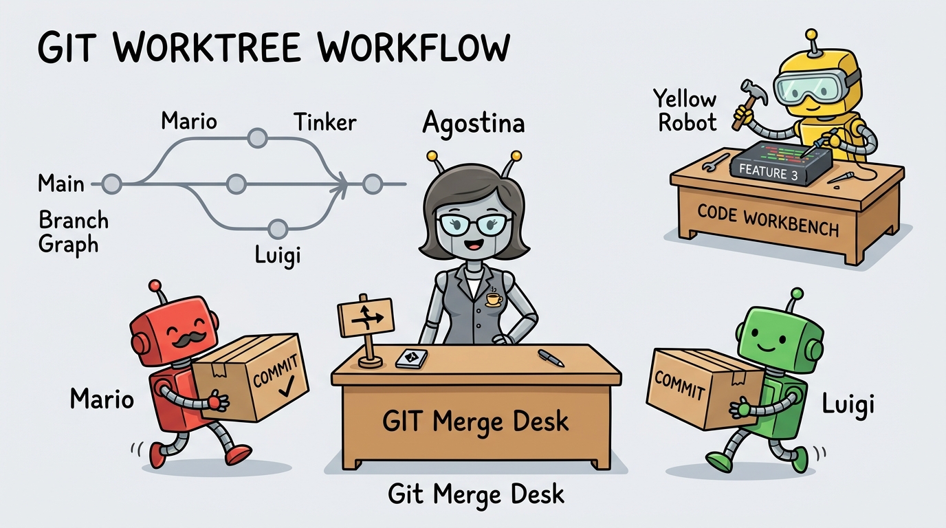 Agostina resolving merges from subagents Mario and Luigi, while a third yellow subagent keeps tinkering in a separate Git Worktree.