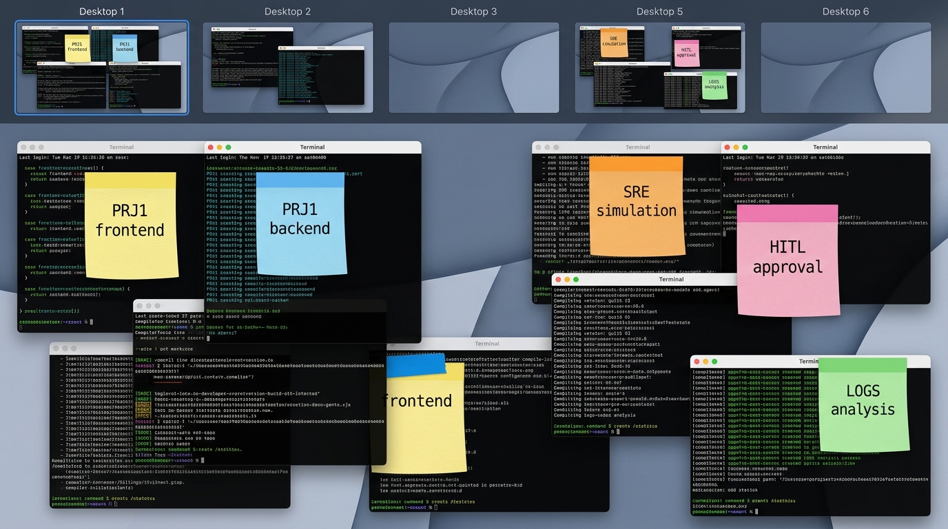 Multiple MacOS Desktops running `agy` terminals with Apple stickies representing the chaos of managing multiple parallel agent workspaces.