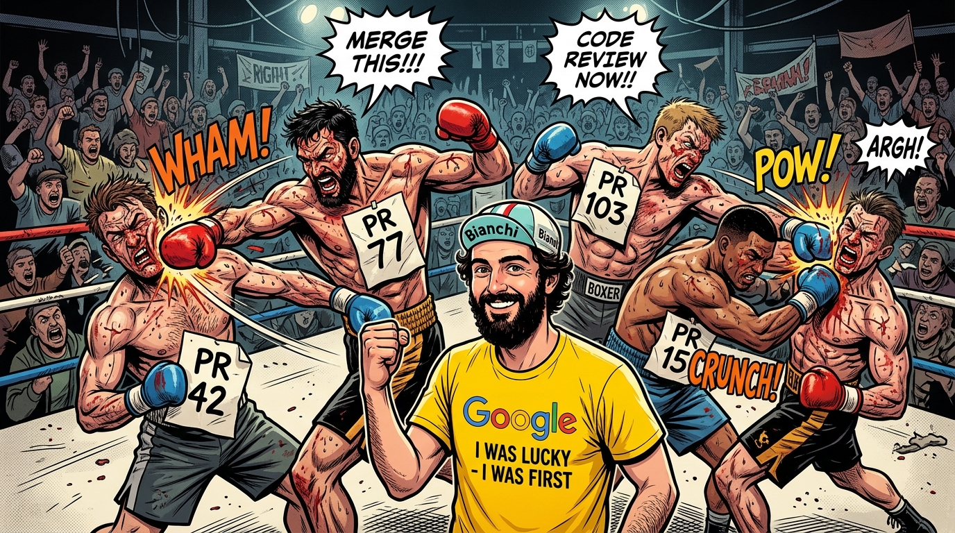 A chaotic boxing ring with 5 boxers fighting over PRs, representing the violence of reconciling 20 worktrees into a single main branch. Riccardo stands happily in a yellow Google t-shirt saying 'I was lucky - I was first'.