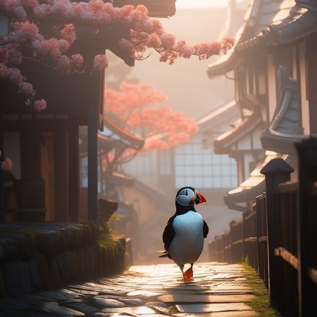 PalladiusFigata_a_puffin_walking_in_an_ancient_Japanese_town_mi_90659013-0b4d-4a52-a5fb-fe46999f2ba8