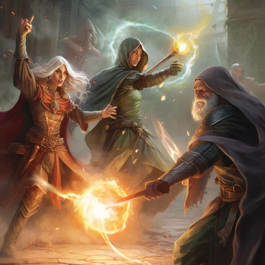 PalladiusPacans_realistica_warrior_and_sorceress_are_fighting_a_33766a8f-ce93-4525-b379-bc66842e9d38